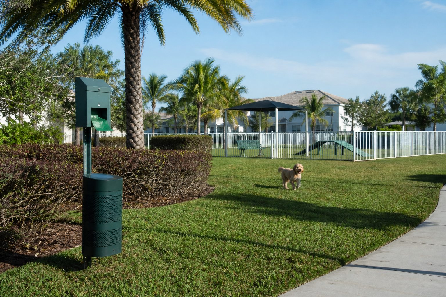 Clean Florida community dog park with pet waste station